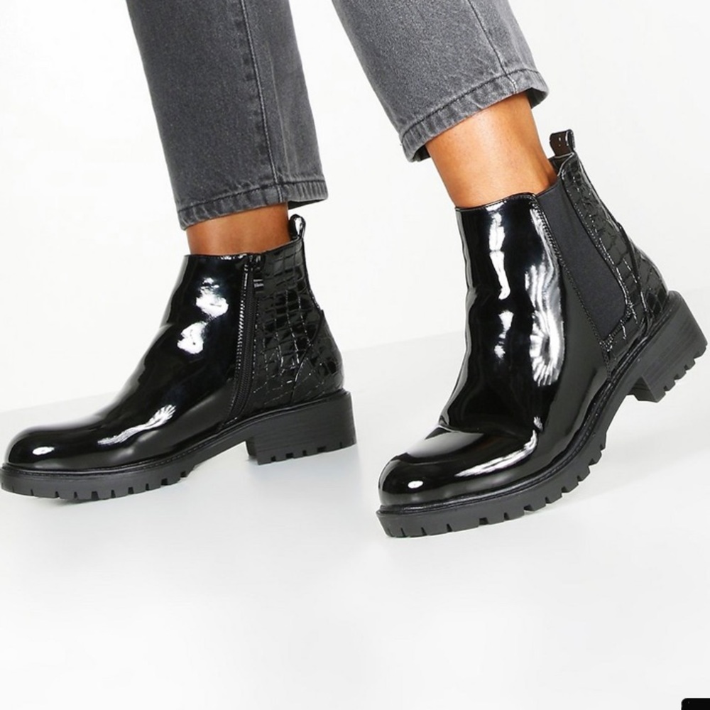 Croc pattern patent leather Chelsea booties